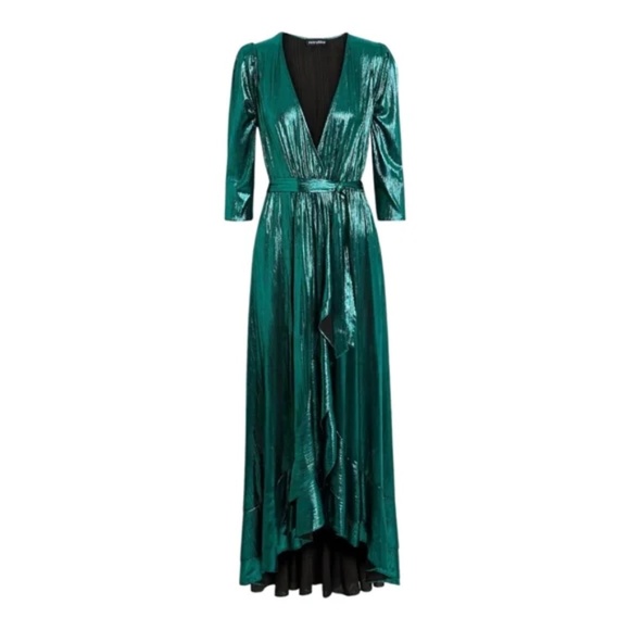 RETROFETE Flora Lamé Midi Wrap Dress in Emerald size Small NWT $575 - Picture 2 of 3